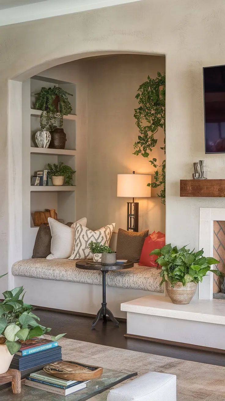 Cozy up in this fireplace reading nook, complete with alcove seating and a built-in bench seating area perfect for curling up with a good book. The built-in around fireplace adds architectural interest, while the built-in shelves living room provide ample space for displaying treasured items. This living room nook, or sitting nook as it's also known, is a testament to the beauty of living room built ins and shelves living room.