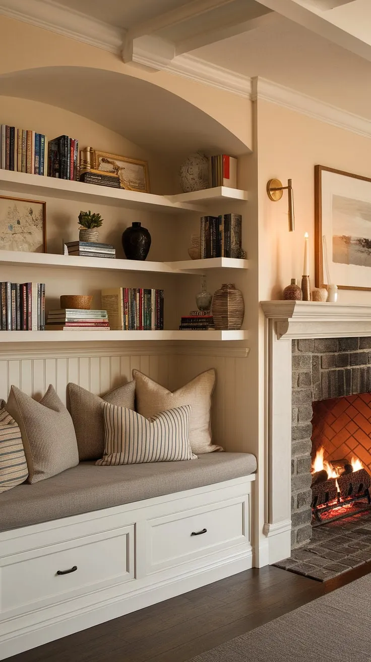 Escape to this cozy fireplace reading nook, complete with alcove seating, built-in bench seating, and built-in shelves overflowing with books. The living room nook, featuring living room built-ins and a built-in around the fireplace, is the perfect sitting nook for quiet evenings.