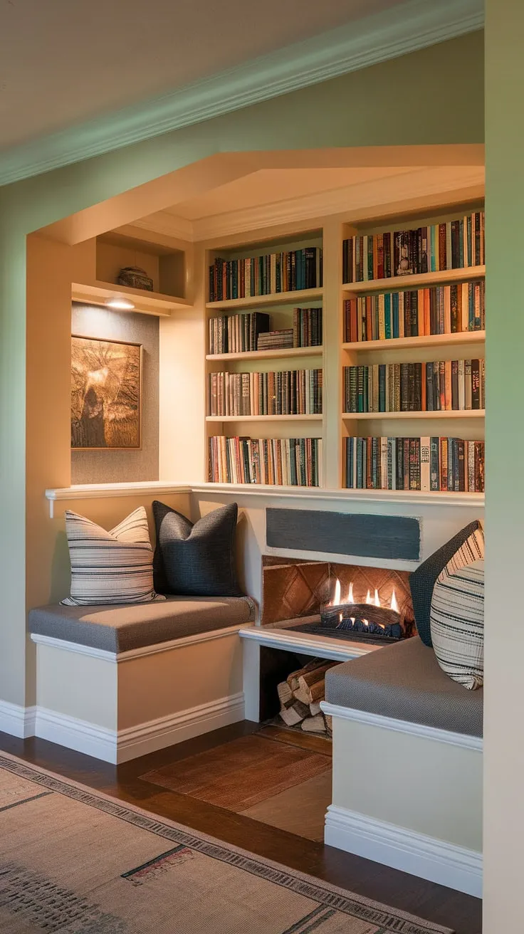 This inviting living room nook is a haven of comfort and style. The alcove seating area, featuring built-in bench seating nestled around a fireplace, is the perfect spot to curl up with a good book. Built-in shelves living room, filled with literary treasures, enhance the ambiance of this fireplace reading nook. The living room built ins, including the built in around fireplace and shelves living room, showcase thoughtful design and create a truly special sitting nook.