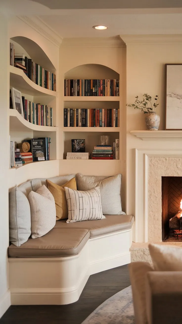 Escape to your own private sanctuary. This living room nook, featuring a fireplace reading nook with built in bench seating and built in shelves living room, offers the ultimate in cozy relaxation. The living room built ins perfectly frame this alcove seating around the fireplace.