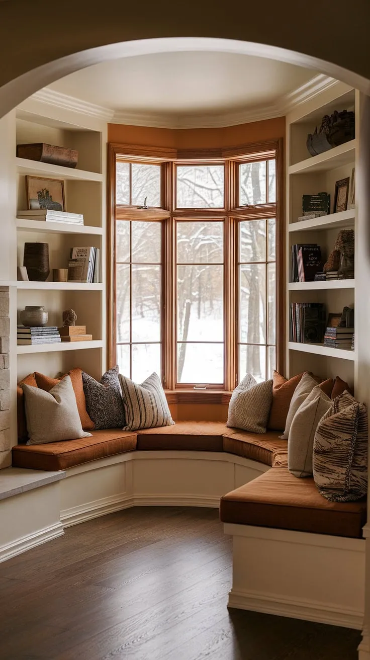 Escape to this cozy fireplace reading nook, complete with alcove seating and built-in bench seating around the fireplace. Built-in shelves living room, flanking the hearth, hold treasured books and décor, creating the perfect sitting nook.