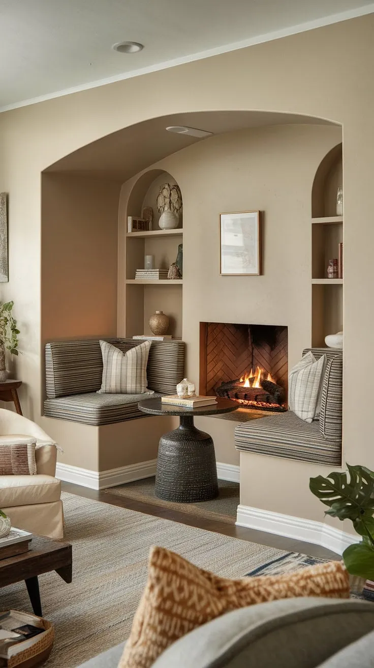 Escape to this cozy living room, where a fireplace reading nook beckons. The alcove seating, featuring built-in bench seating built in around the fireplace, creates the perfect sitting nook for curling up with a good book. Built-in shelves living room add to the charm, showcasing cherished items. The living room built ins and shelves living room provide ample storage and display space, enhancing the overall warmth and inviting ambiance.