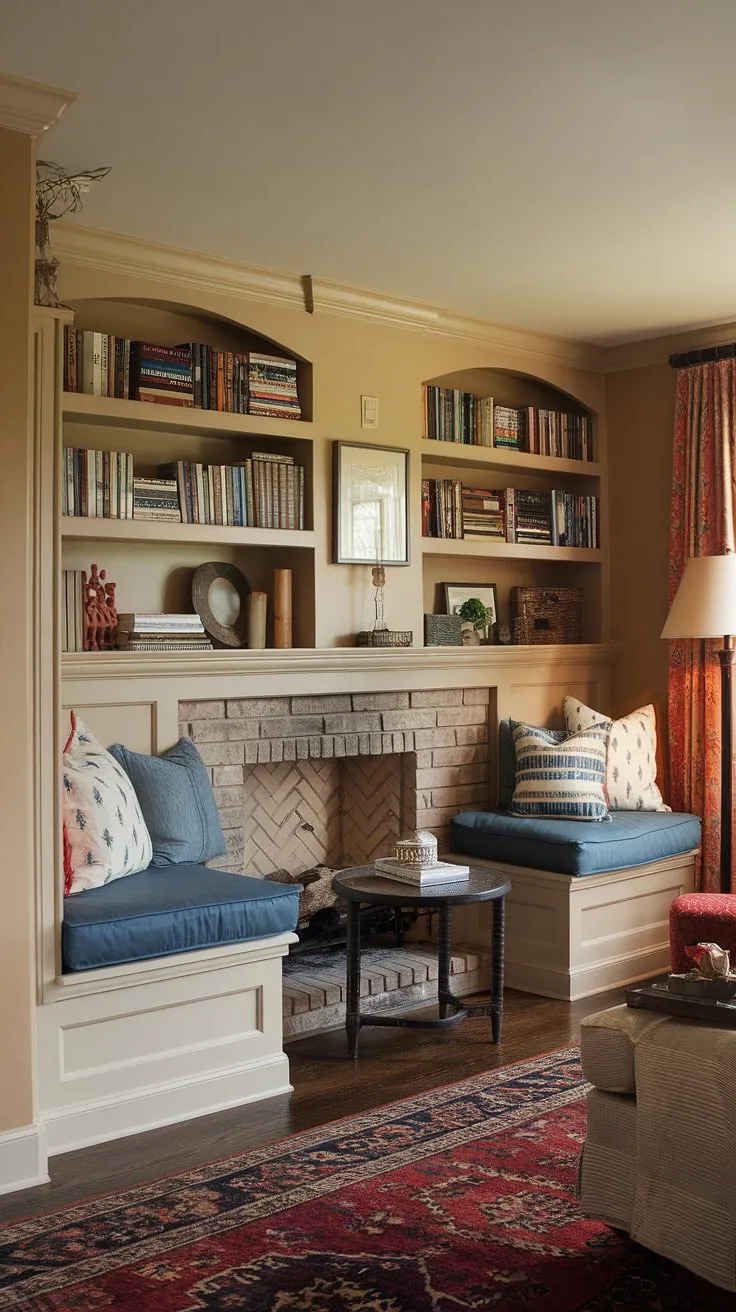 Escape to this cozy fireplace reading nook, complete with alcove seating and built-in bench seating around the fireplace. The built-in shelves living room and living room built-ins add to the charm of this perfect living room nook.