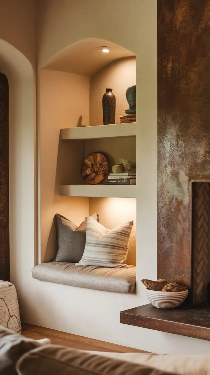 Imagine curling up with a good book in this inviting living room nook. The fireplace reading nook, featuring alcove seating and built in bench seating, offers a tranquil escape. Built-in shelves living room, cleverly incorporated above the comfortable seating, add both style and practicality to this stunning example of living room built ins. The rustic fireplace is the focal point of this cozy sitting nook, perfectly complemented by the built in around fireplace design.