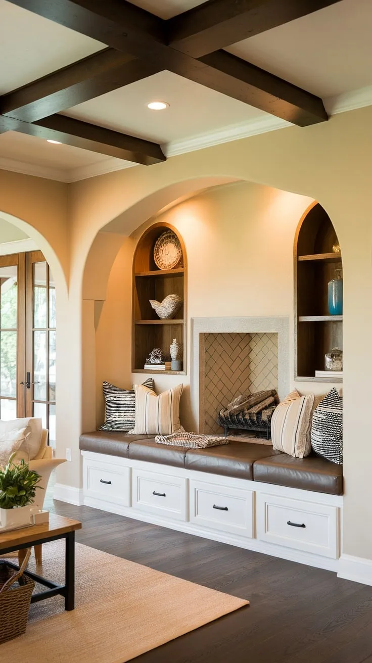 The perfect blend of form and function, this living room features stunning living room built-ins. A built-in around fireplace anchors the alcove seating, creating a cozy fireplace reading nook. The built-in bench seating and shelves living room provide both comfort and storage, transforming this space into a delightful sitting nook. This living room nook is a testament to the beauty of thoughtful design.