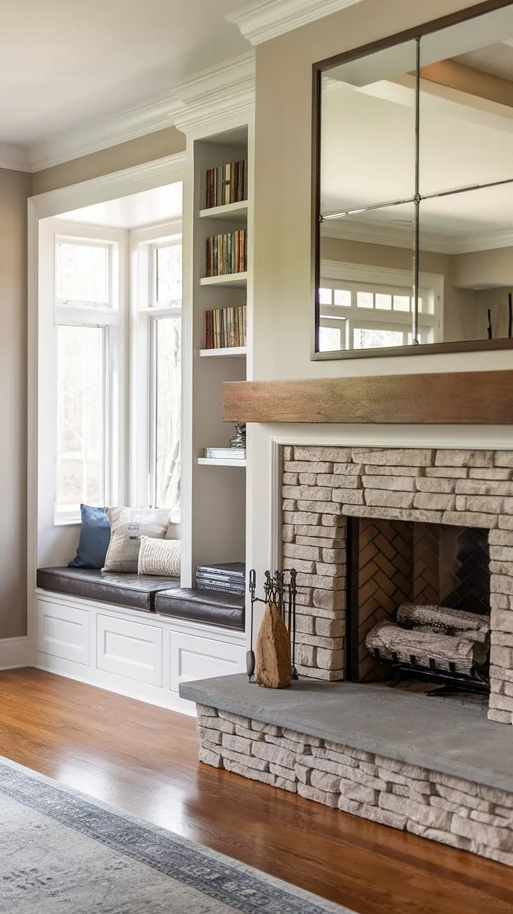 This living room built ins masterpiece features a stunning fireplace reading nook, with built in bench seating perfect for curling up with a good book. The sitting nook, nestled beside built in shelves living room, offers the ultimate in comfort and style.