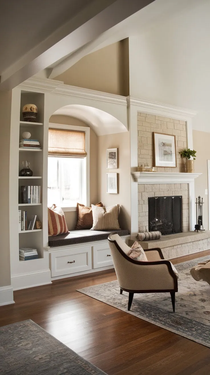 Bathed in the warm glow of the fireplace, this living room nook offers the perfect escape. The built-in bench seating and shelves around the fireplace create a cozy alcove seating area, ideal for curling up with a good book in this inviting reading nook. The built-in shelves living room provide ample storage, while the hardwood floors and high ceilings add to the spacious feel of this living room built ins design. This sitting nook is the epitome of comfortable living.
