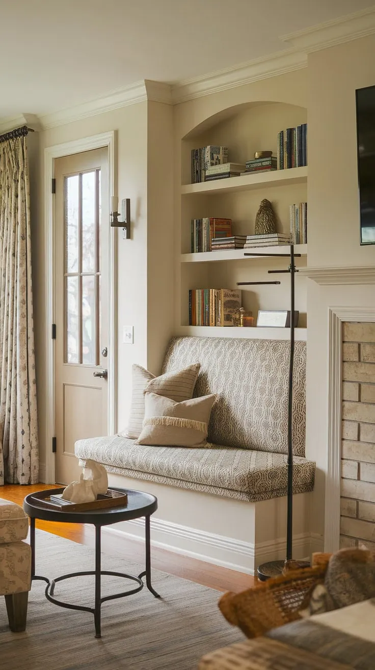 Cozy up in this fireplace reading nook, complete with alcove seating and built-in shelves living room. The built-in bench seating and built in around fireplace create the perfect living room nook for quiet evenings.