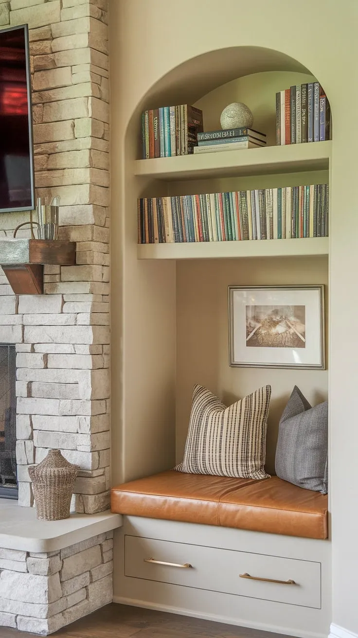 Escape to your own personal sanctuary: a fireplace reading nook complete with alcove seating, built in bench seating, and shelves living room. The built in around fireplace adds warmth and character to this charming sitting nook and its living room built ins.