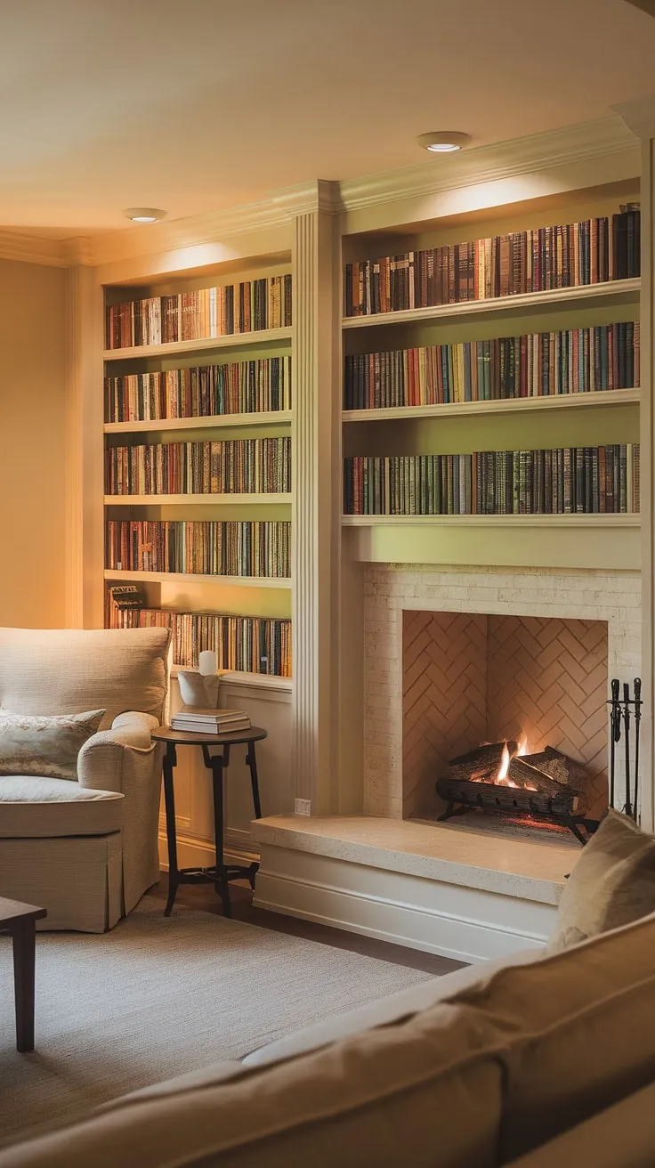 My living room nook, featuring a built-in around fireplace with built in bench seating and shelves living room, is my happy place. This sitting nook and living room built ins create the ultimate fireplace reading nook.