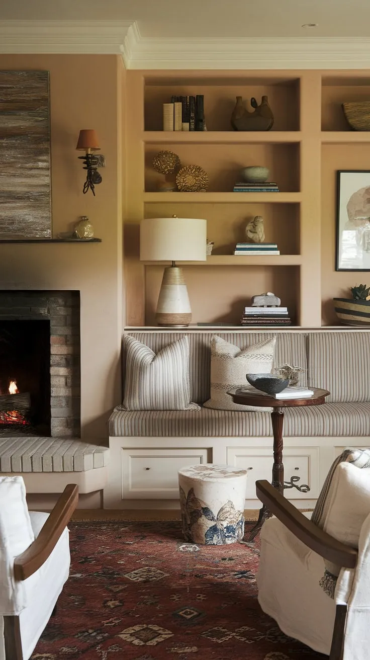 Escape to this inviting sitting nook, built in around fireplace, featuring built in bench seating and shelves living room. The living room built ins and warm hues make this fireplace reading nook a true sanctuary.
