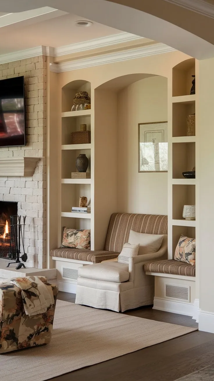 This living room's focal point is a stunning fireplace reading nook, featuring alcove seating and a built-in bench seating area. The built-in shelves living room provide practical storage, complementing the overall design. This charming living room nook, with its thoughtful living room built ins, transforms the space into a comfortable and stylish sitting nook.