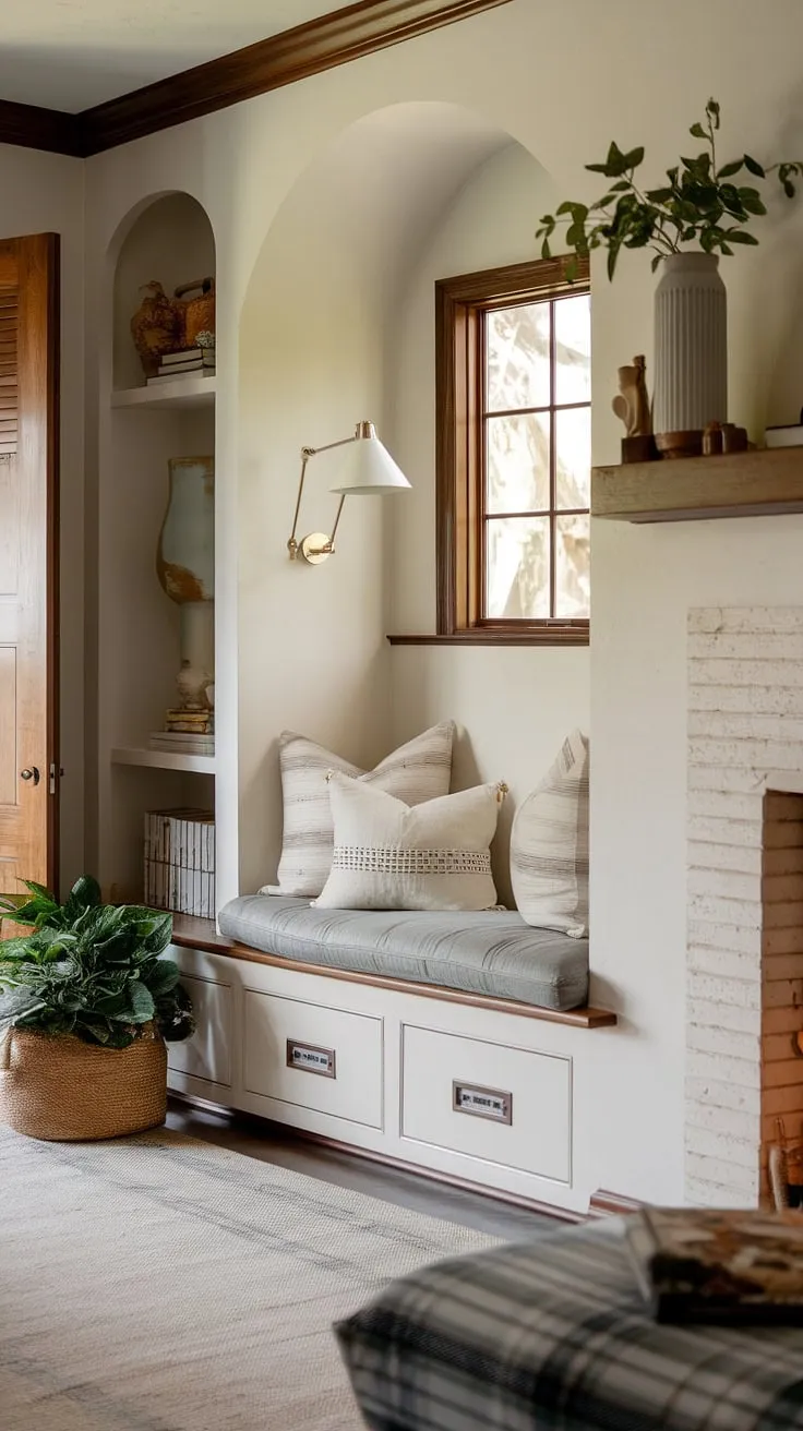 Curl up with a good book in this inviting living room nook. The built in bench seating around the fireplace creates the ultimate reading haven, complemented by shelves living room and living room built ins for a functional and stylish space.