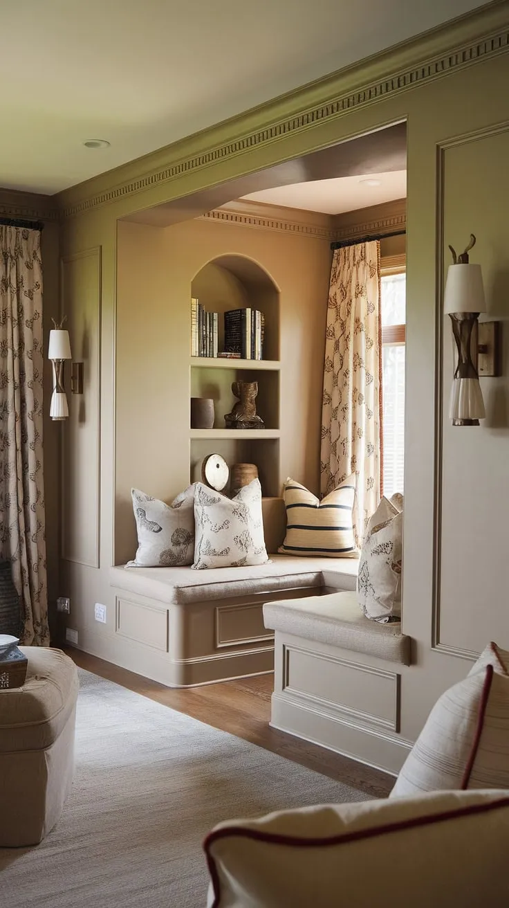 Escape to your own private sanctuary in this cozy living room, complete with a fireplace reading nook featuring alcove seating and built-in bench seating around the fireplace. Built-in shelves living room provide ample space for your favorite books.