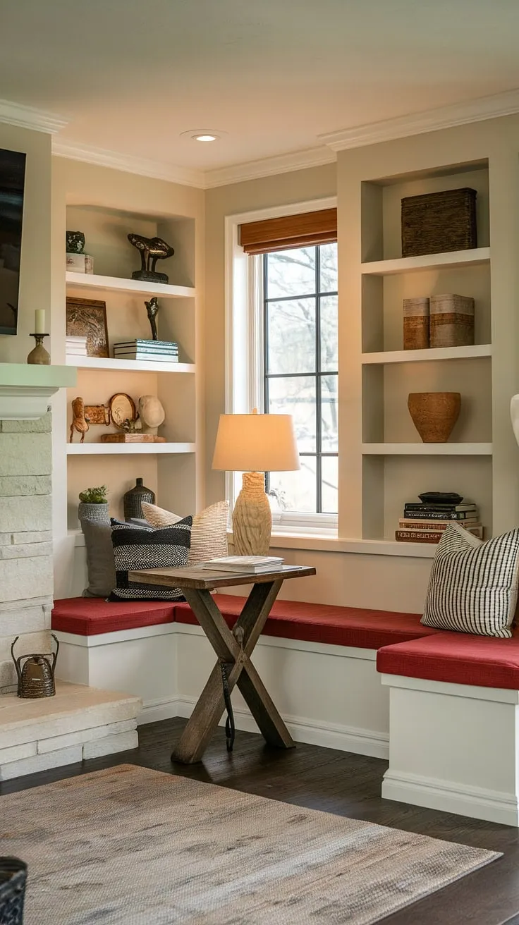Cozy nights and captivating reads await in this fireplace reading nook, complete with alcove seating and built-in bench seating around the fireplace. The built-in shelves living room and living room built ins add to the charm of this perfect living room nook and sitting nook.