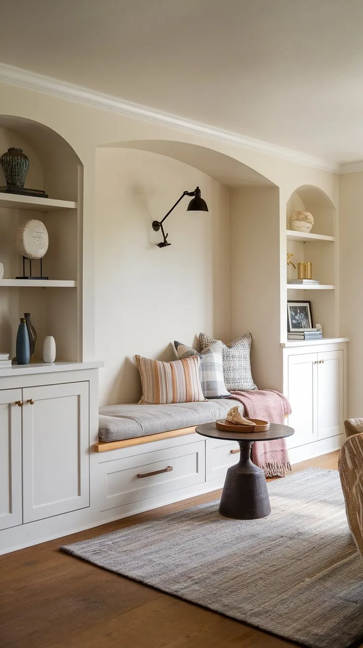 Cozy nights and captivating reads in this fireplace reading nook. The built-in bench seating, alcove seating, and built-in shelves living room create the perfect living room nook for relaxing. This built in around fireplace design is pure bliss.