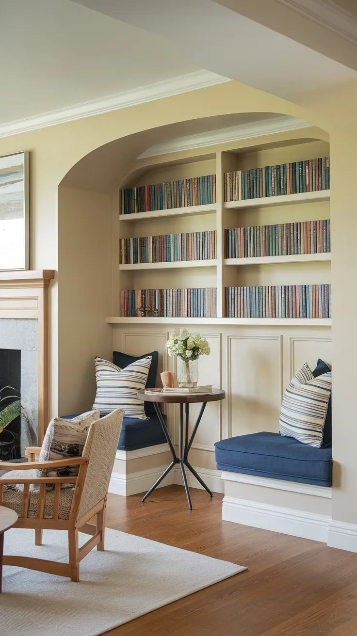 The heart of this home is a tranquil living room nook featuring a fireplace reading nook nestled within a thoughtfully designed alcove seating area. Built-in shelves living room offer ample storage and display space, complementing the built in bench seating and built in around fireplace design. The hardwood floors and soft lighting enhance the cozy ambiance of this inviting sitting nook, a testament to the beauty of living room built ins.