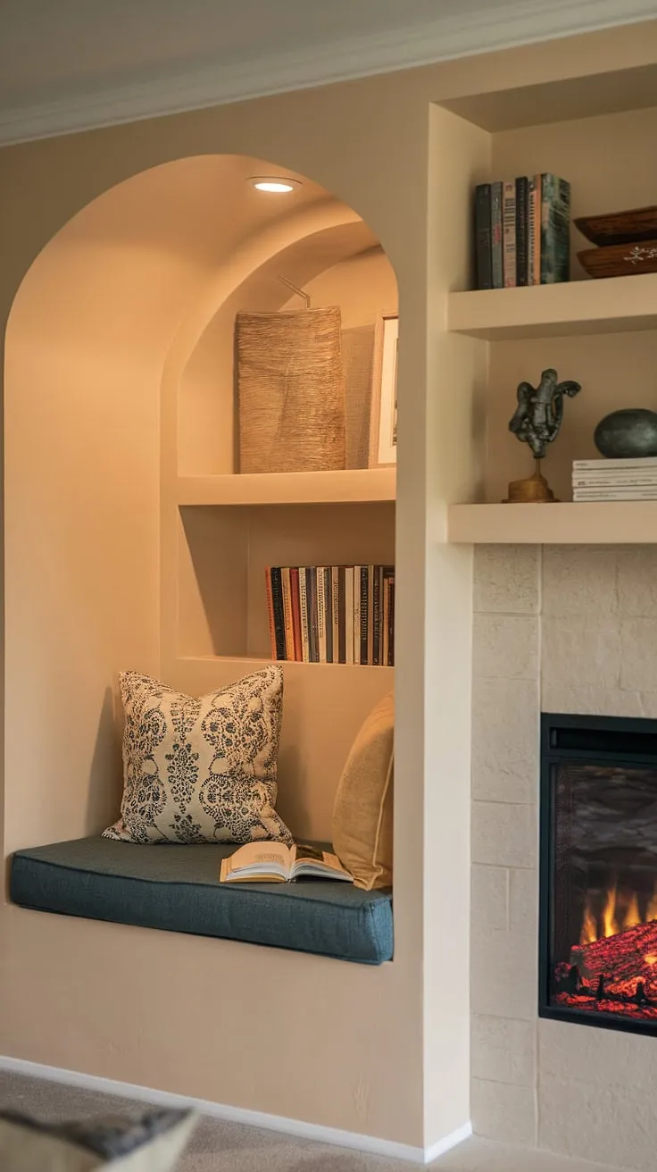 Escape to your own private sanctuary: a living room nook featuring a fireplace reading nook, built in around fireplace with alcove seating and built in bench seating. Built-in shelves living room add the perfect touch to this cozy sitting nook.