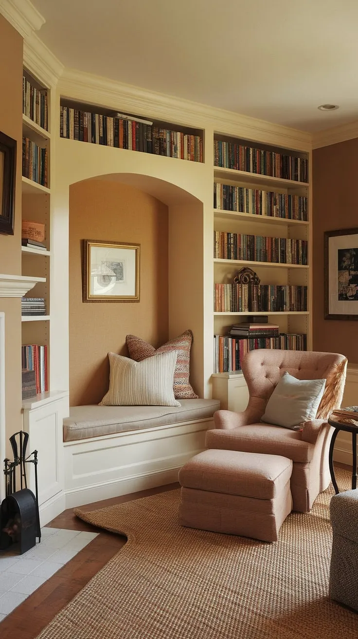 Imagine sinking into the plush chair of this inviting living room nook, the warmth of the fireplace radiating beside you. This alcove seating, complete with built-in bench seating and ample built-in shelves living room, forms a perfect fireplace reading nook. The shelves living room are filled with books, ready to transport you to another world. This thoughtfully designed sitting nook, with its living room built ins, is the epitome of cozy comfort.