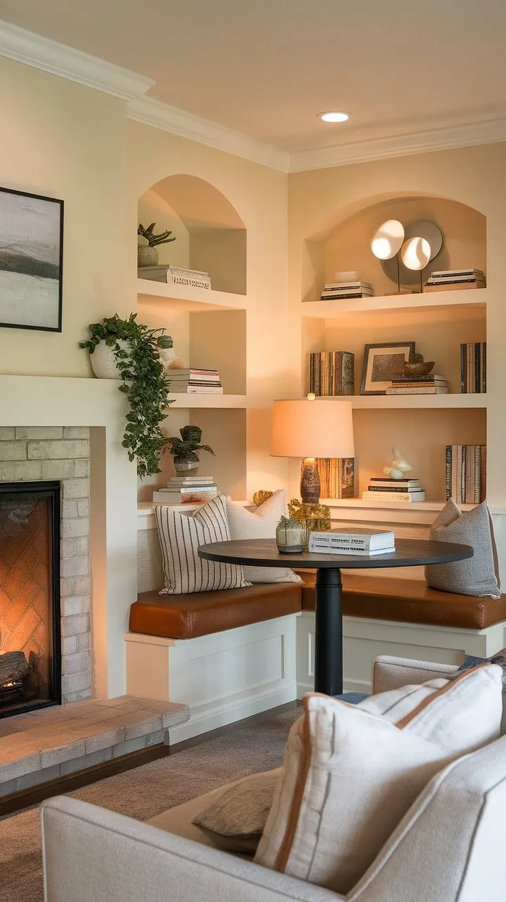 Imagine sinking into the built-in bench seating of this fireplace reading nook. The alcove seating, built in around the fireplace, creates an intimate and inviting atmosphere. Surrounding built in shelves living room provide the perfect spot to display treasured objects and keep your favorite books close at hand. This living room nook, a testament to thoughtful living room built ins and shelves living room design, is the epitome of cozy comfort.