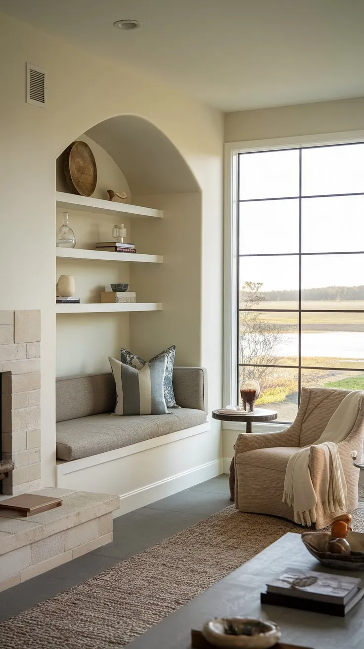 Cozy up in this fireplace reading nook, complete with alcove seating and built-in bench seating. The built-in shelves living room add extra charm to this living room nook, creating the perfect sitting nook.
