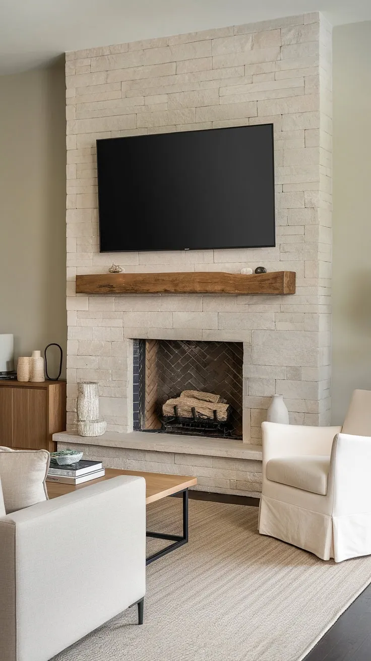 This modern fireplace wall with TV seamlessly blends comfort and style. The sleek, wall-mounted TV above the natural stone fireplace creates a stunning focal point, showcasing a perfect fireplace and TV combination.  This fireplace tv wall design offers the ultimate living room fireplace TV setup, brimming with tv over fireplace ideas.