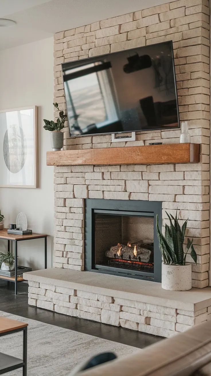 The fireplace tv wall design in this living room is simply breathtaking.  A stunning fireplace wall with TV, featuring a wall-mounted TV above the fireplace, effortlessly combines warmth and modern technology. This fireplace and TV combination is a testament to clever living room fireplace TV setup ideas, showcasing a perfect balance of form and function in this fireplace wall decor with TV.