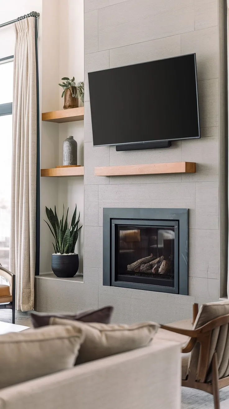This modern fireplace wall with TV is the ultimate living room fireplace tv setup.  The sleek black metal fireplace and wall-mounted TV create a stunning fireplace and tv combination, showcasing innovative tv over fireplace ideas and a sophisticated fireplace feature wall with tv design.  The fireplace wall decor with tv complements the overall aesthetic perfectly.
