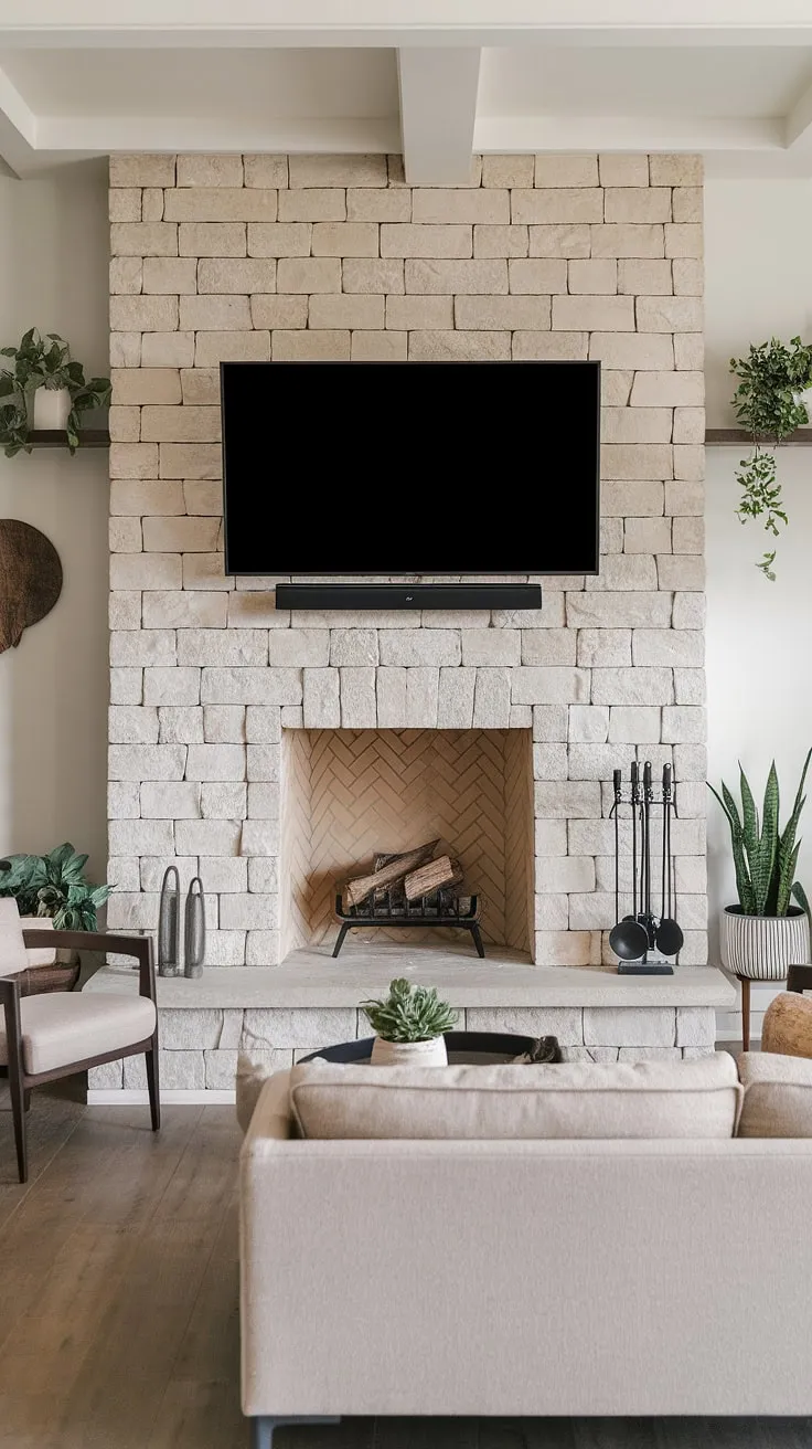 This modern fireplace wall with TV seamlessly blends comfort and style.  The tv above fireplace creates a stunning focal point, while the fireplace and tv combination offers both warmth and entertainment.  This fireplace feature wall with tv showcases clever tv over fireplace ideas, making the living room fireplace tv setup truly exceptional.  The fireplace wall decor with tv is tastefully understated, allowing the natural stone to shine.
