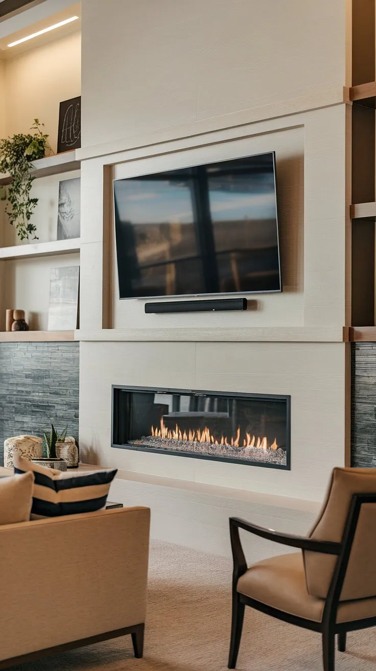 This modern fireplace wall with TV is the ultimate living room fireplace tv setup.  The sleek fireplace and wall-mounted TV create a stunning fireplace and tv combination, showcasing innovative tv over fireplace ideas and a sophisticated fireplace feature wall with tv design.  The fireplace wall decor with tv complements the overall aesthetic perfectly.