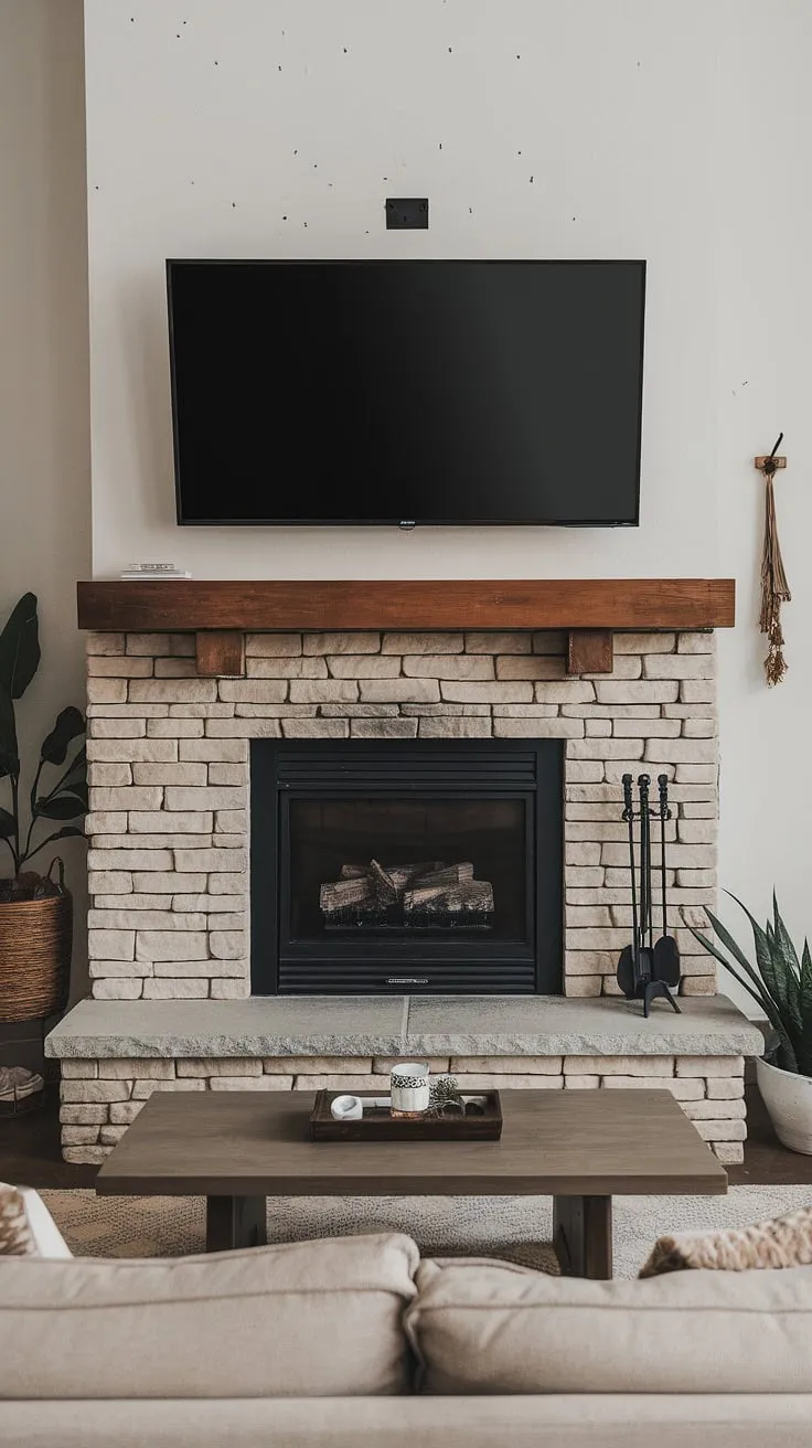 This modern fireplace wall with TV seamlessly blends comfort and style. The wall-mounted TV above the fireplace creates a stunning focal point, showcasing a sophisticated fireplace and TV combination.  The fireplace feature wall with TV offers endless tv over fireplace ideas, making this living room fireplace TV setup truly unique.