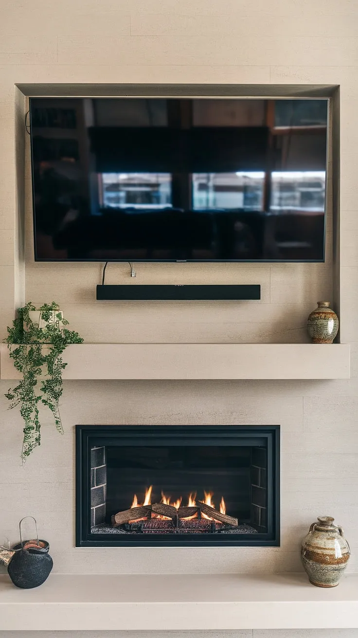 This modern fireplace wall with TV seamlessly blends style and function.  The sleek fireplace and wall-mounted TV create a stunning focal point, offering the perfect living room fireplace TV setup.  Clever tv above fireplace ideas maximize space and create a cozy atmosphere, showcasing a sophisticated fireplace and tv combination.  The fireplace feature wall with tv is completed with subtle decor, making it a truly enviable fireplace wall decor with tv.