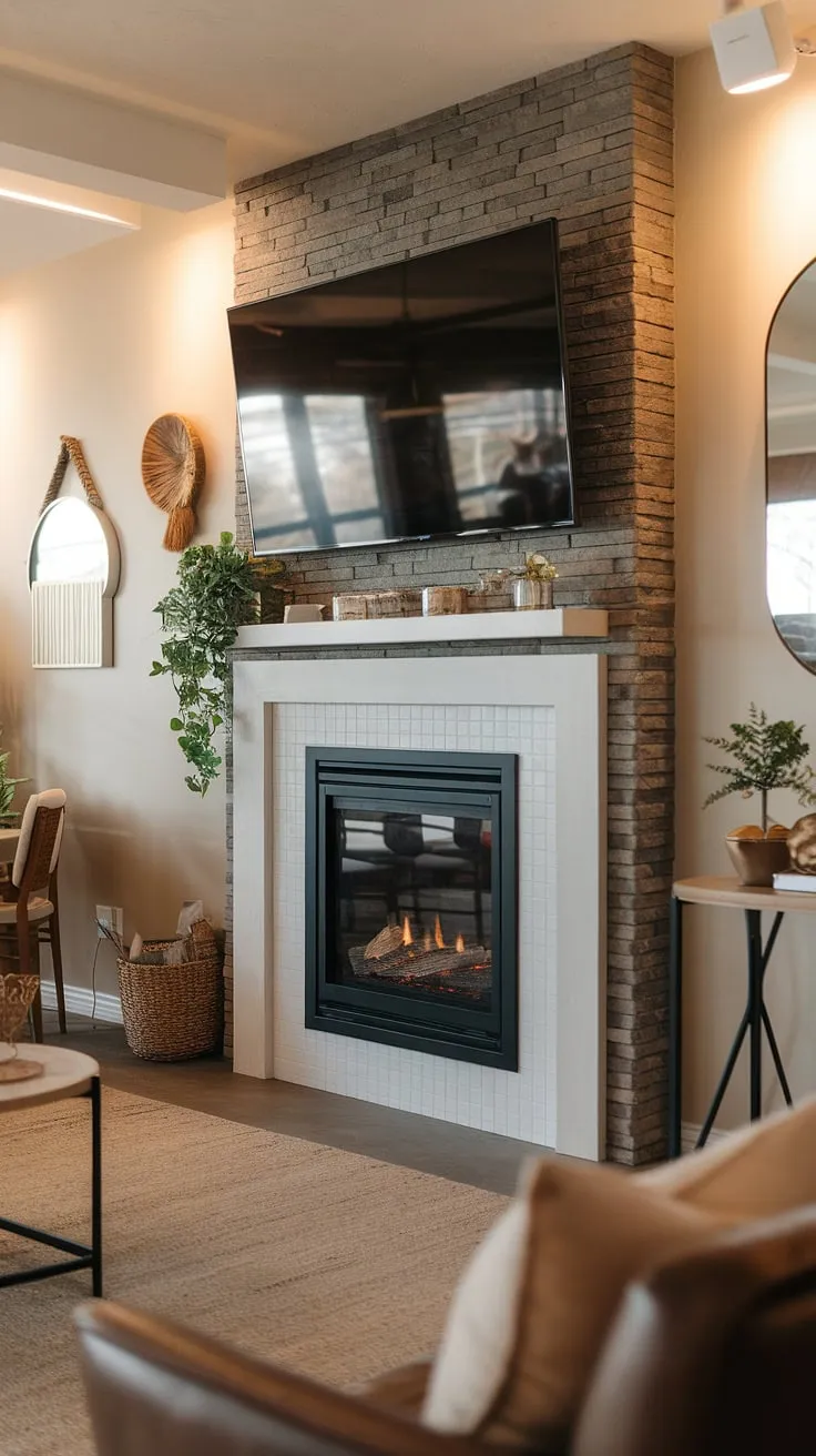 This fireplace tv wall design is the epitome of modern living.  The tv above fireplace is perfectly positioned above the sleek white fireplace, creating a sophisticated fireplace wall decor with tv.  This living room fireplace tv setup is a masterclass in functionality and style, showcasing a beautiful fireplace and tv combination and offering plenty of tv over fireplace ideas. The wall-mounted TV fireplace is the focal point of this stunning fireplace feature wall with tv.