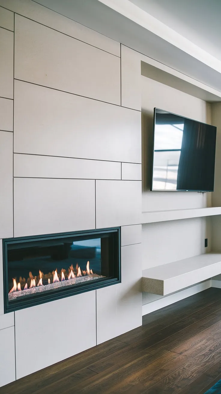 Elevate your living room with this striking fireplace wall with TV design.  The tv over fireplace ideas are flawlessly executed in this fireplace tv wall design, featuring a wall-mounted TV fireplace above a minimalist black fireplace.  This fireplace and TV combination is the epitome of modern fireplace wall with TV style, creating a sophisticated living room fireplace TV setup.