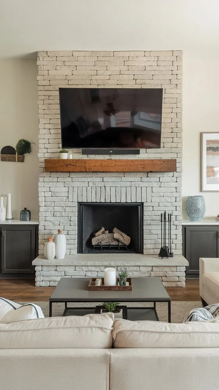 The fireplace tv wall design in this living room is truly captivating.  A sleek, wall-mounted TV sits effortlessly above the stone fireplace, creating a beautiful fireplace wall decor with tv. This fireplace and TV combination is a testament to smart living room design, offering a practical and aesthetically pleasing fireplace wall with tv solution.  Consider this your inspiration for tv above fireplace ideas.