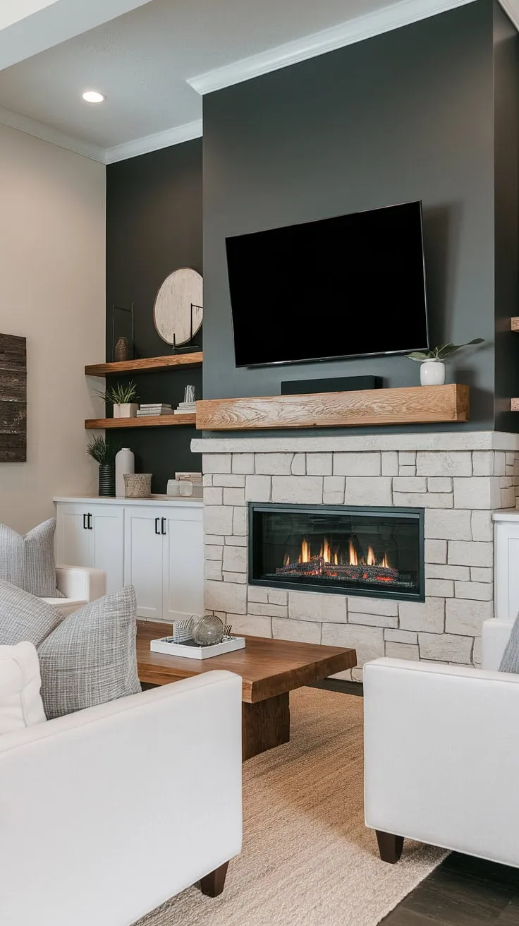 Elevate your living room with this striking fireplace feature wall with tv.  The tv above fireplace is a brilliant solution for a space-saving fireplace and tv combination, while the fireplace wall with tv offers a chic and functional design.  This fireplace tv wall design exemplifies modern elegance, showcasing inspiring tv over fireplace ideas and a perfectly balanced living room fireplace tv setup.