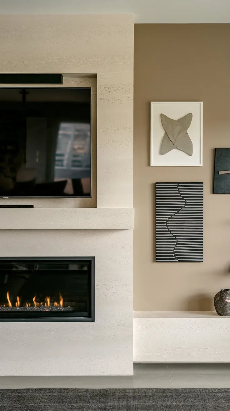 A stunning fireplace tv wall design, this living room boasts a wall-mounted tv fireplace setup that's both elegant and practical. The tv above fireplace is seamlessly integrated above the sleek black fireplace, creating a captivating fireplace and tv combination. This modern fireplace wall with tv offers inspiration for your own tv over fireplace ideas, showcasing a sophisticated fireplace feature wall with tv.