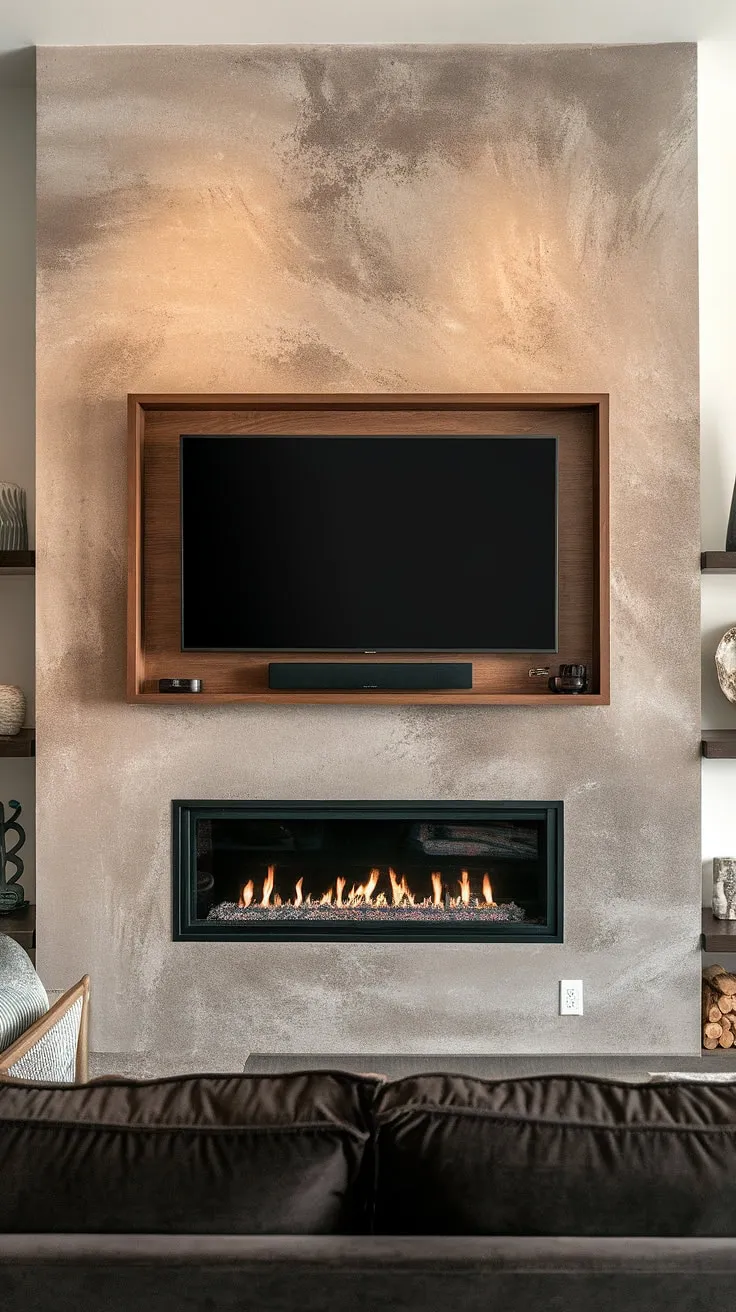 The perfect blend of warmth and entertainment: this modern fireplace wall with TV offers a stunning fireplace and TV combination.  The wall-mounted TV above the fireplace creates a sleek fireplace tv wall design, showcasing innovative tv over fireplace ideas within this living room fireplace TV setup.  The textured stone-like finish elevates the fireplace feature wall with TV, making it a true focal point.