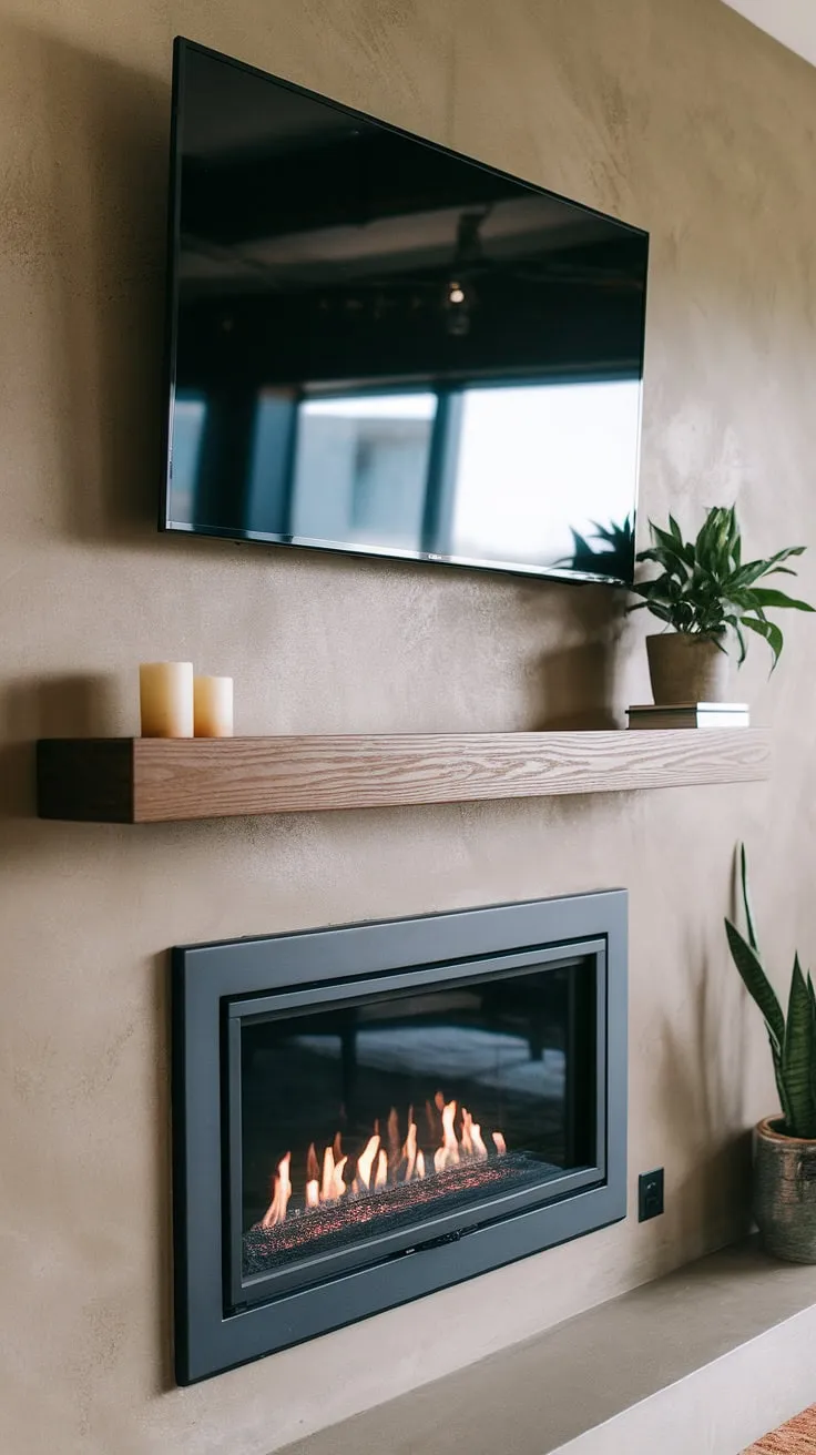 The ultimate fireplace wall with TV solution!  This tv above fireplace design is a masterclass in modern living, showcasing a sleek fireplace and TV combination.  The tv over fireplace ideas are flawlessly executed, creating a stunning fireplace feature wall with TV.  This living room fireplace TV setup is the epitome of sophisticated style and convenience, thanks to the thoughtful fireplace wall decor with TV.  The wall-mounted TV fireplace is a focal point, perfectly complementing the textured wall.