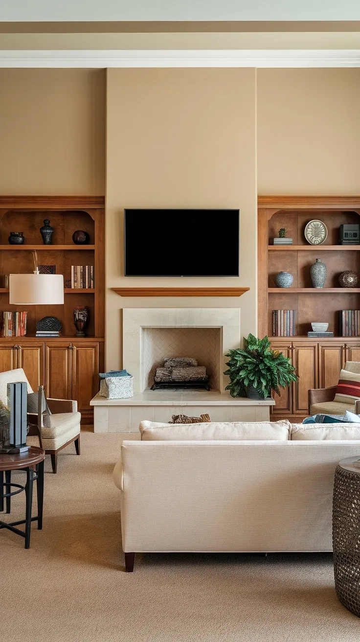 This living room fireplace remodel is a dream come true!  The fireplace built-ins, complete with shelving and a sleek TV above, create a stunning focal point.  From fireplace ideas to living room decor fireplace solutions, this space showcases the perfect blend of warmth and modern style.  The entire living room remodel is a testament to thoughtful design.