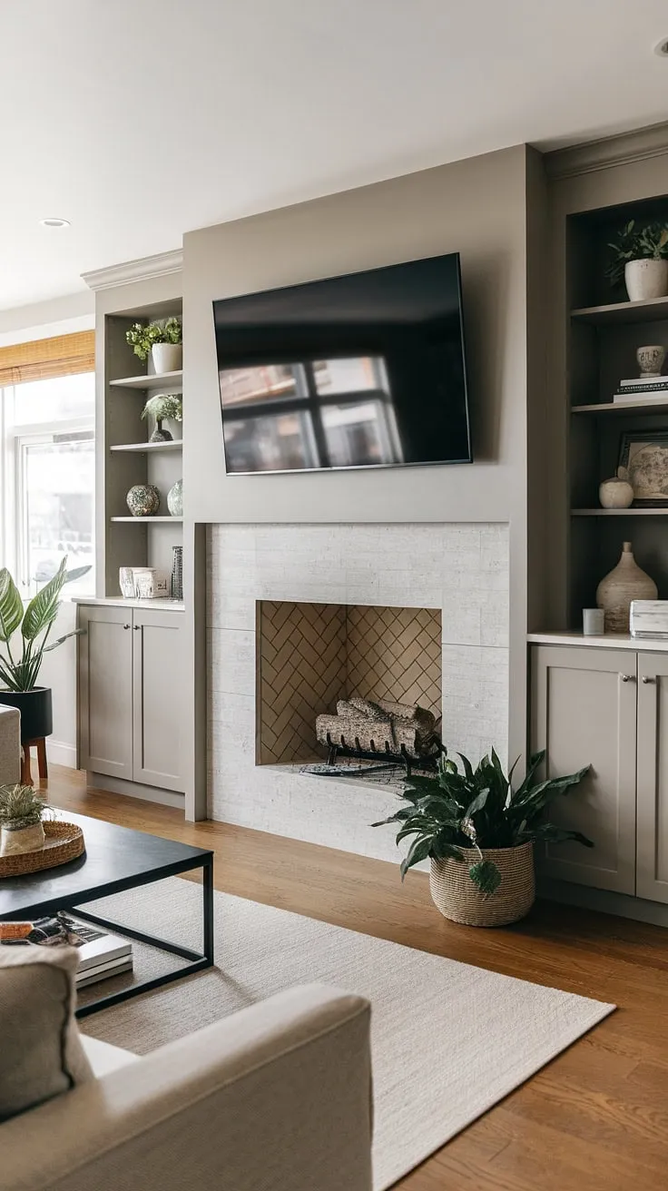 This living room fireplace remodel is a dream come true!  The fireplace built-ins flanking the home fireplace create a stunning focal point, perfectly complemented by the mounted TV above.  This fireplace makeover showcases clever fireplace ideas and elevates the entire living room decor fireplace aesthetic.  The result is a cozy and sophisticated living room remodel.