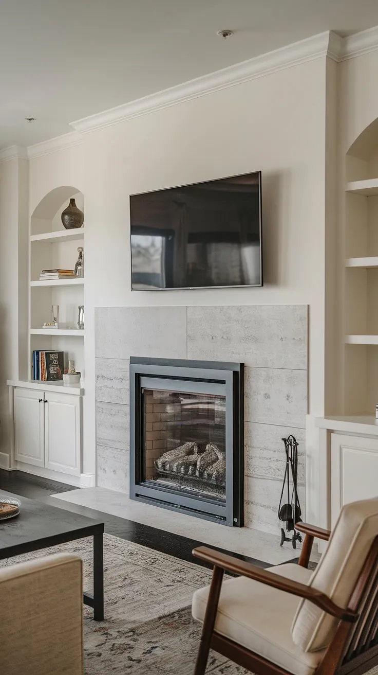 This living room fireplace remodel is a stunning example of modern design.  The sleek fireplace built-ins, complete with a glass-fronted fireplace and a TV mounted above, create a focal point that seamlessly blends form and function.  This fireplace makeover showcases innovative fireplace ideas for a living room fireplace, offering both warmth and style.  The result is a sophisticated living room decor fireplace that elevates the entire space.
