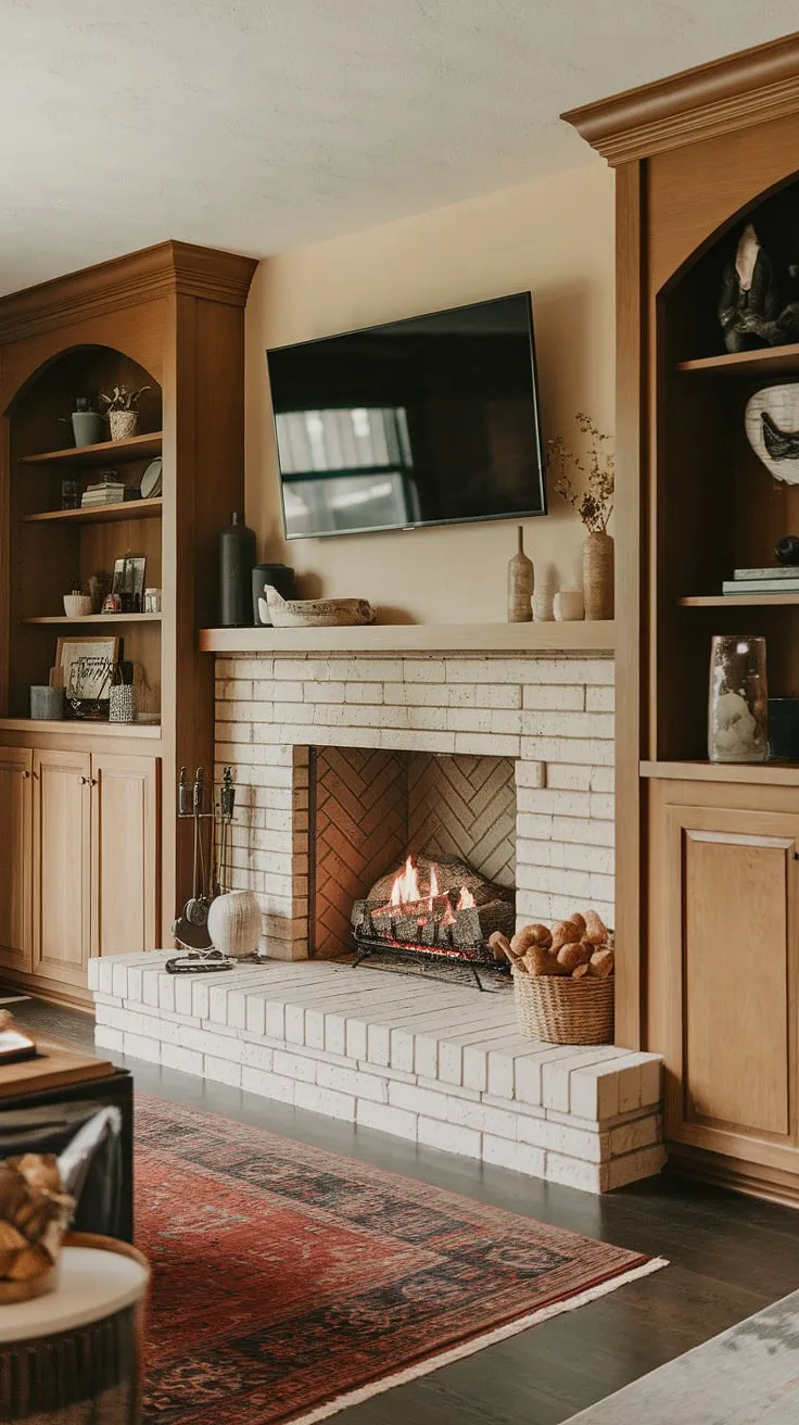 This living room fireplace remodel is a dream come true!  The fireplace built-ins offer ample storage, while the mounted TV above seamlessly integrates modern convenience with the cozy ambiance of the home fireplace.  This fireplace makeover showcases stunning fireplace ideas and elevates the entire living room decor fireplace aesthetic.  The fireplace tv wall is the perfect focal point for this living room remodel.
