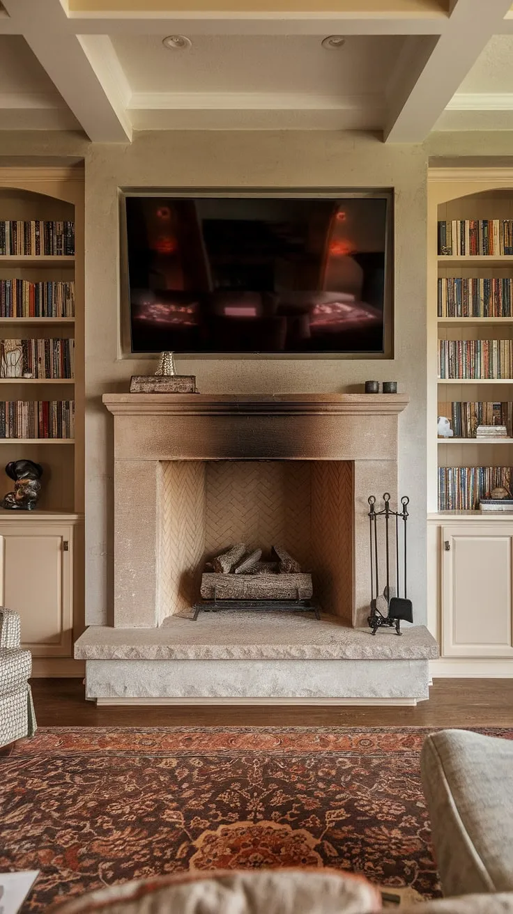 This living room fireplace remodel is a masterclass in cozy elegance.  The stone fireplace, built-in bookshelves, and perfectly placed TV create a stunning focal point, showcasing the best in fireplace ideas and living room decor fireplace styles.  The fireplace built-ins maximize space and add to the room's warmth, making it the perfect spot for relaxing evenings. This home fireplace is a true testament to thoughtful living room remodel design.