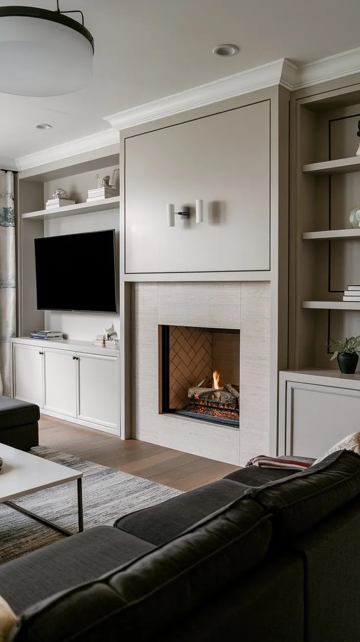 Fireplace makeover complete! This fireplace tv wall showcases the perfect blend of form and function.  The fireplace built-ins offer ample storage, while the clean lines and sophisticated color palette elevate the entire living room remodel.  For fireplace ideas that seamlessly integrate with modern living, look no further. This living room fireplace is the heart of the home.