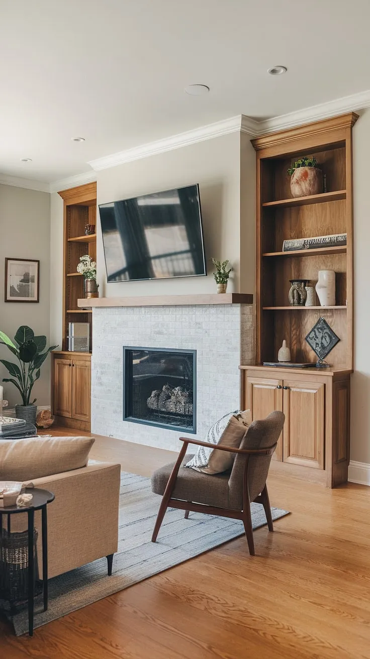 This living room fireplace remodel is a dream come true!  The custom fireplace built-ins flanking the fireplace and TV wall create the perfect blend of function and style, showcasing stunning fireplace ideas for a cozy and sophisticated living room decor fireplace.  The hardwood floors and light grey walls complete the perfect living room fireplace makeover.