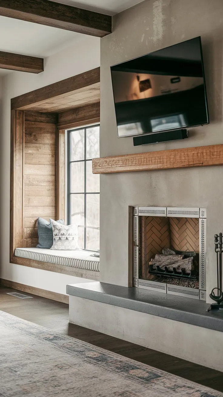 Transforming a living room with a fireplace tv wall is easier than you think! This fireplace makeover showcases the beauty of fireplace remodel projects.  The fireplace built ins create a focal point, perfectly complementing the exposed beams and window seat.  For living room fireplace inspiration and living room remodel ideas, look no further. This home fireplace is a dream come true.