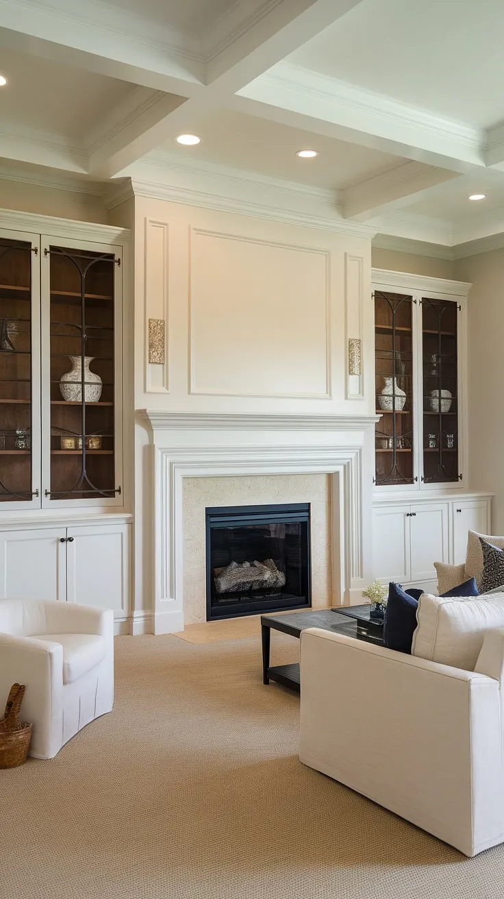 This living room fireplace remodel is a dream come true!  The fireplace built-ins, showcasing cherished items, perfectly complement the sleek black fireplace insert and white surround.  From fireplace ideas to the overall living room decor fireplace, this space is a masterclass in cozy elegance.  The fireplace TV wall (though not visible) would complete this stunning living room remodel.