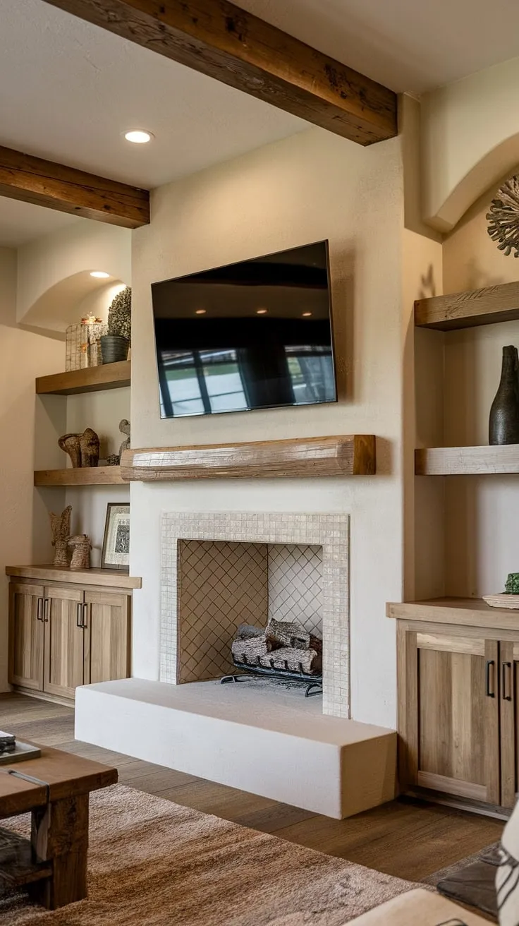Cozy nights and movie marathons are made for this living room fireplace.  The fireplace built-ins, complete with a stunning fireplace tv wall, are the heart of this home fireplace makeover. This living room remodel showcases incredible fireplace ideas, transforming the space with rustic charm and functional fireplace design.
