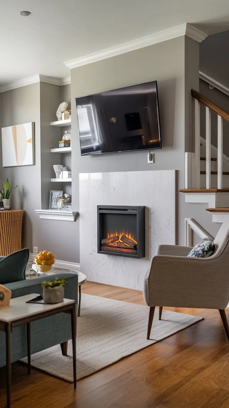 The ingenious placement of this wall mount fireplace under stairsâ€”an off-center modern electric fireplaceâ€”is a masterclass in design.  The recessed electric fireplace, with the TV mounted above, adds both warmth and visual interest to this stylish grey-walled living room.